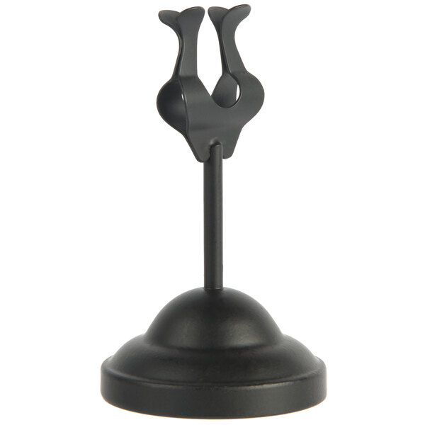 An American Metalcraft black metal harp card holder with a round base.