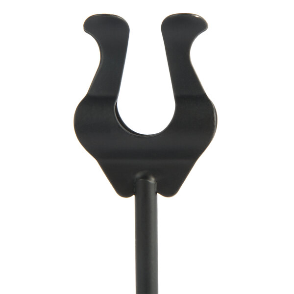 An American Metalcraft black metal harp card holder with a weighted base.