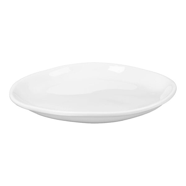 A white, round plate with a slightly irregular, cloud-like edge and a smooth, glossy finish.