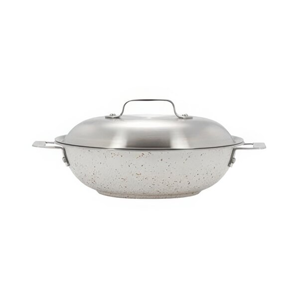 A Bon Chef stainless steel induction brazier pot with a lid.