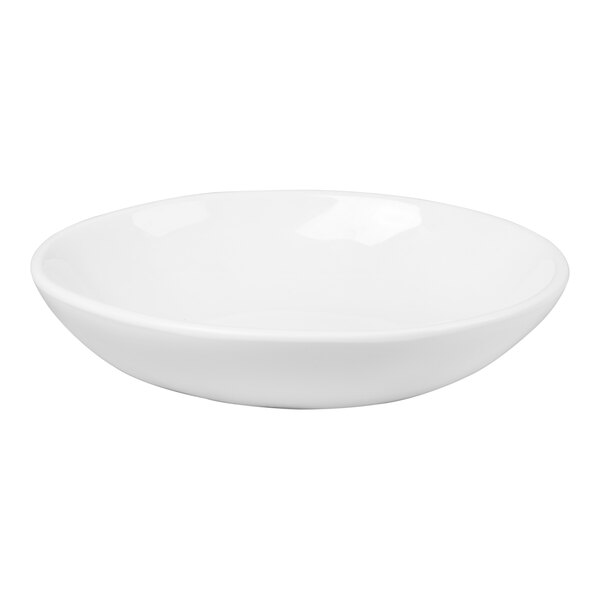 A white, shallow, round bowl with smooth edges and a glossy finish.