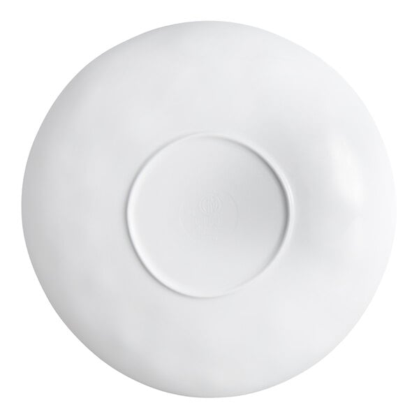 A white, round bowl shown from the bottom with a slightly raised circular base.