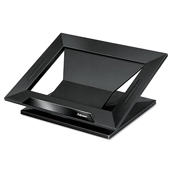 A black rectangular Fellowes laptop riser on a counter.