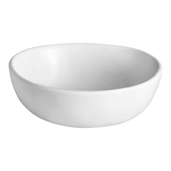 A plain white, round bowl with smooth, slightly irregular edges.