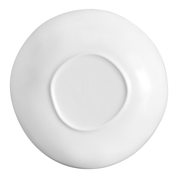 A white, round bowl shown from the bottom with a slightly raised base and a smooth, glossy finish.