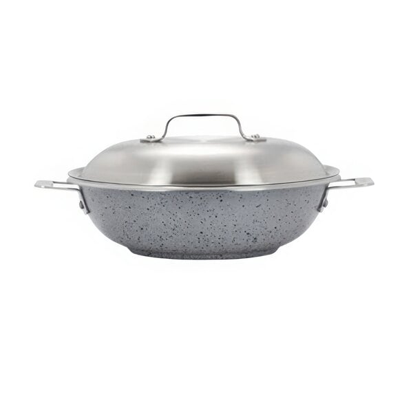 A Bon Chef stainless steel induction brazier pot with a lid.