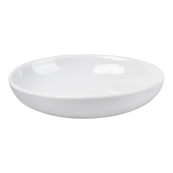 A white, shallow, round bowl with smooth, curved sides and a glossy finish.