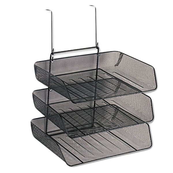 A Fellowes black metal mesh 3-tray organizer.