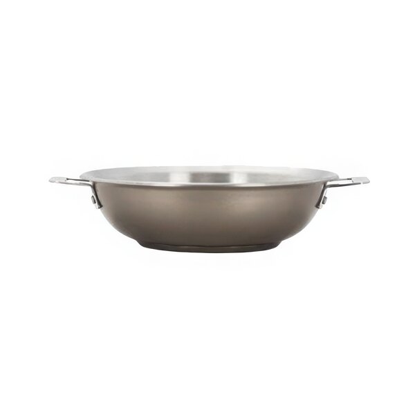 A Bon Chef taupe stainless steel stir fry pan with a handle.