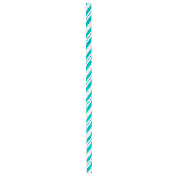A teal paper straw with blue and white stripes.