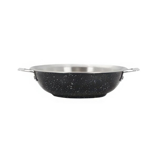 A black and silver Bon Chef Cucina stir fry pan with a speckled surface.