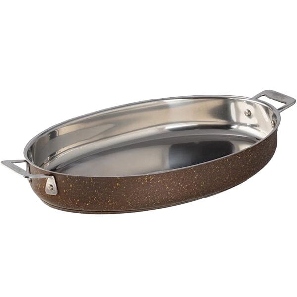 A Bon Chef stainless steel oval au gratin dish with a handle.