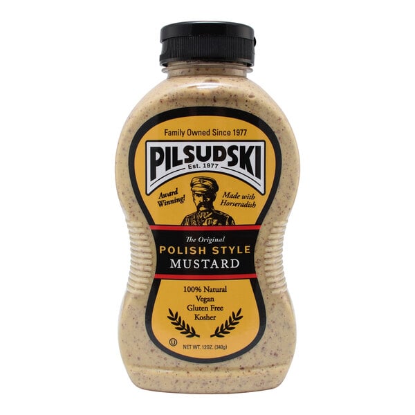 A 12 oz. squeeze bottle of Pilsudski Polish Style Horseradish Mustard.