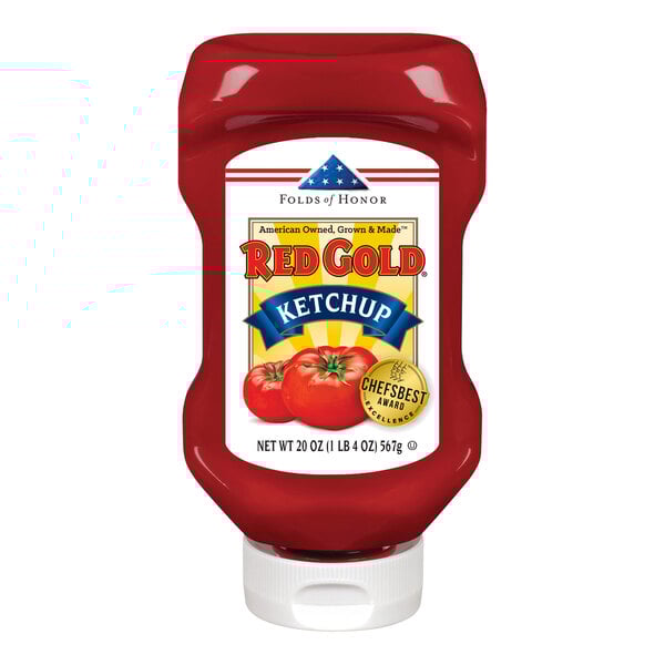 A Red Gold plastic squeeze bottle of tomato ketchup.