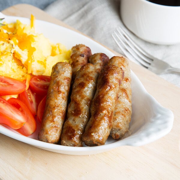 A plate with Jones Dairy Farm skinless sausages and potatoes.