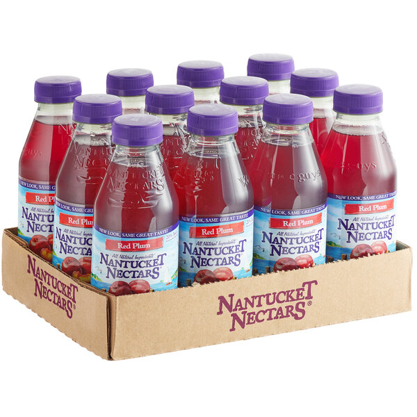 A close-up of a Nantucket Nectars bottle of Red Plum Juice Cocktail.