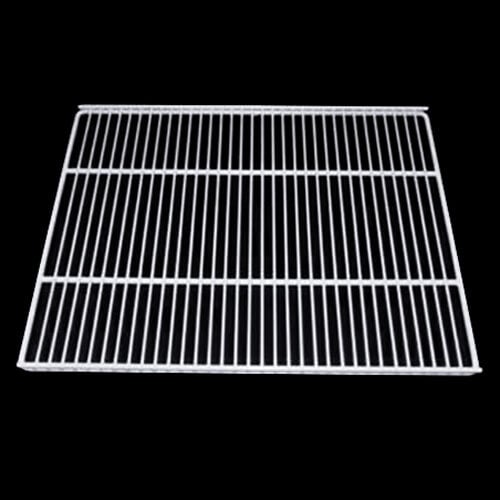 A white coated wire shelf for a merchandiser refrigerator.