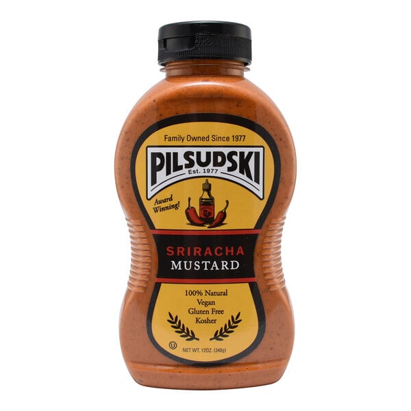 A 12 oz. squeeze bottle of Pilsudski Sriracha Mustard.