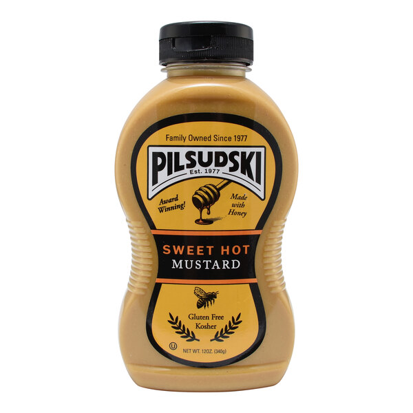 A 12 oz. squeeze bottle of Pilsudski Sweet Hot Honey Mustard.