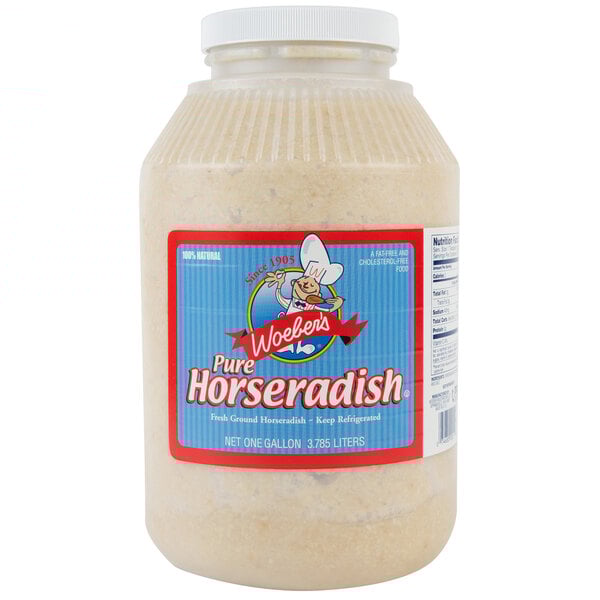 A plastic container of Woeber's Pure Horseradish.