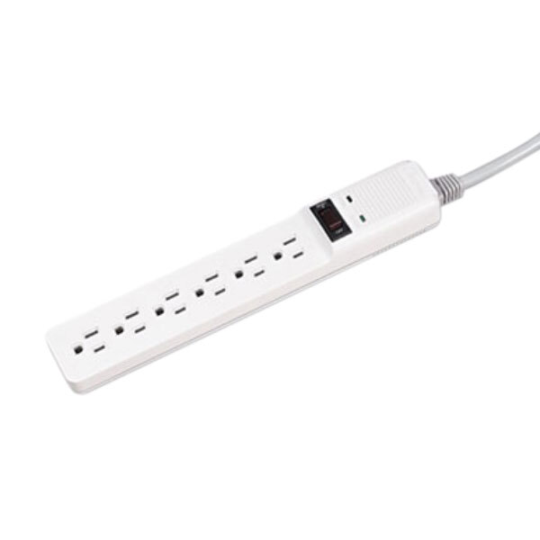 A close-up of a Fellowes white 6-outlet surge protector with a cord attached.