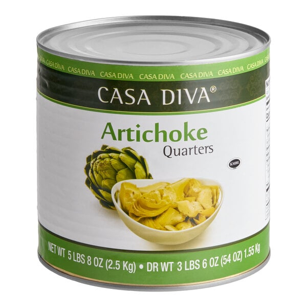 A large can of Casa Diva quartered artichoke hearts.