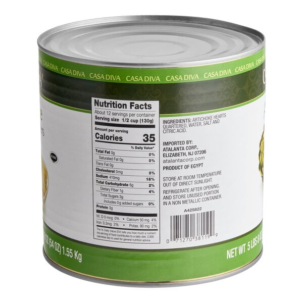 A large can of Casa Diva quartered artichoke hearts weighing 3 kg.