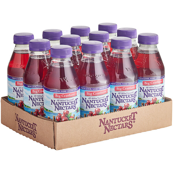 A cardboard box of 12 Nantucket Nectars Big Cranberry Juice Cocktail bottles.