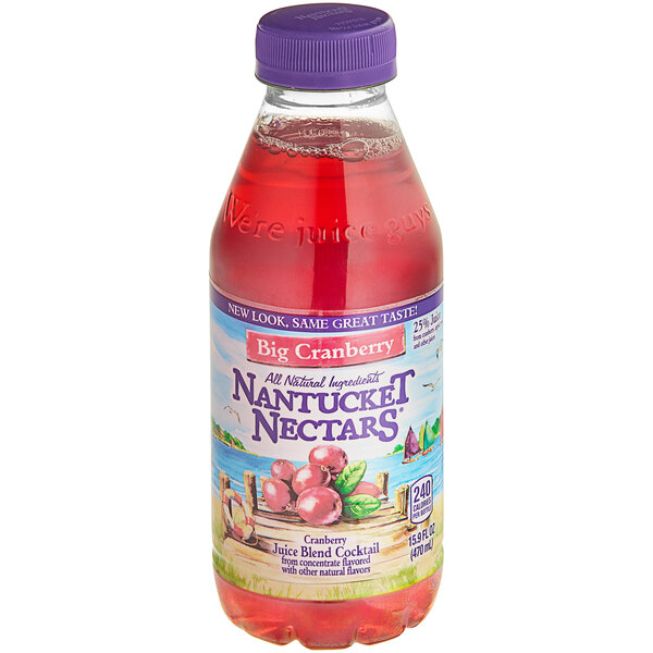 A case of 12 Nantucket Nectars Big Cranberry Juice bottles with purple caps.