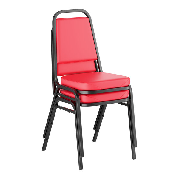 A red stackable chair with a 2-inch padded seat and black metal frame.