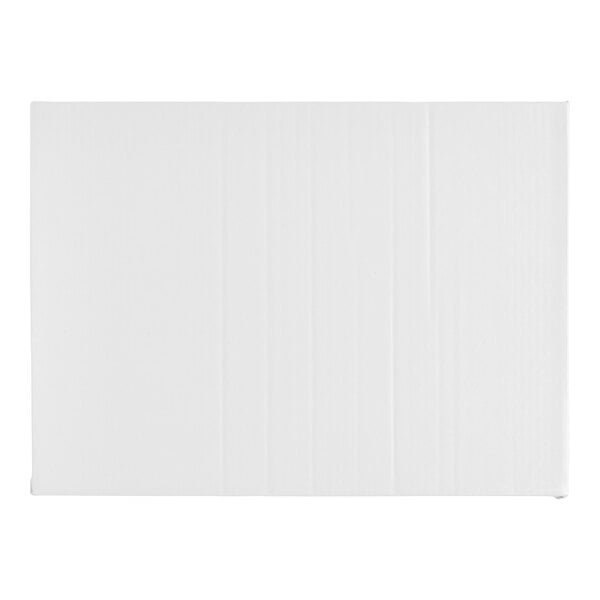 A rectangular white cake board with a fold-under edge, measuring 18 3/4 by 13 3/4 inches and 1/2 inch thick.