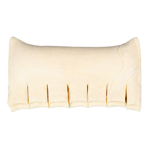 A ready-to-bake almond bear claw pastry with slits on one side.