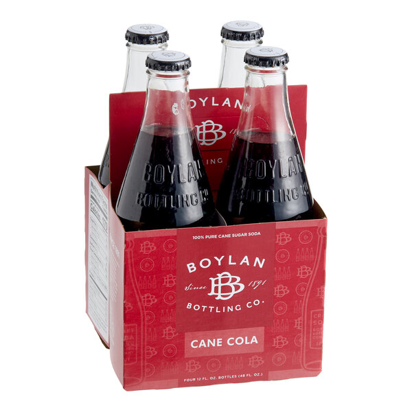 A four-pack of Boylan Bottling Co. Cane Cola in 12 fl. oz. glass bottles.