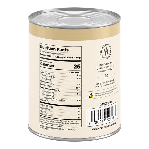 A large can of Hometown Provisions mushroom pieces and stems.