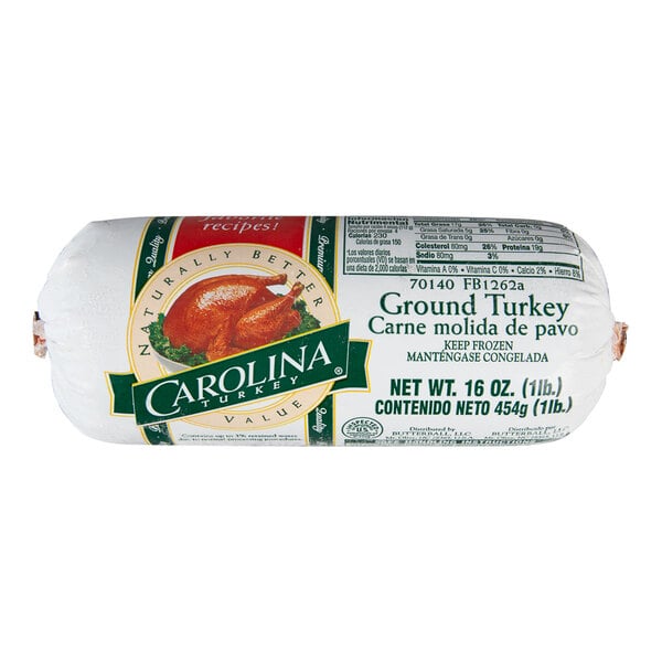 A 1-pound chub of Carolina brand ground turkey in sealed packaging.