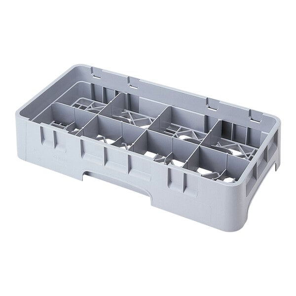 A grey plastic Cambro rack with 8 cup compartments.