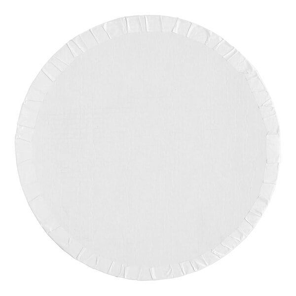 A round, white cake drum with a fold-under edge, designed for supporting cakes.