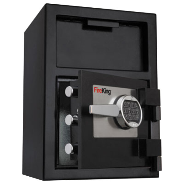 A black FireKing depository security safe with an electronic lock.