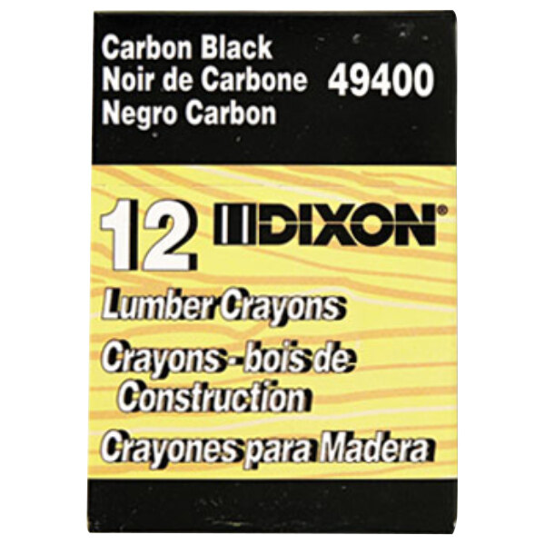 A yellow and black box of Dixon Ticonderoga Black Lumber Crayons with white text.