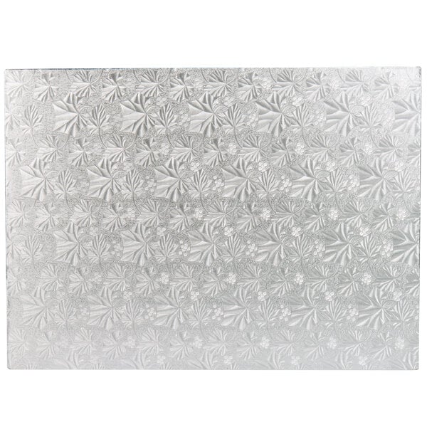 A silver Enjay half sheet cake board with a white background.