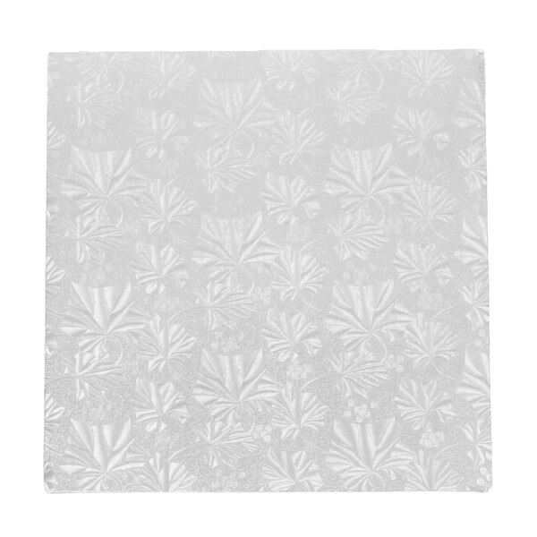 A silver square cake drum with a white fold-under surface.