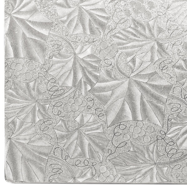 A white square silver cake drum with a patterned surface.