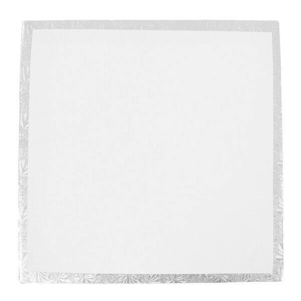 A white square cake drum with a silver border.