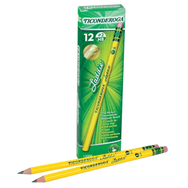 A box of Dixon Ticonderoga Laddie yellow woodcase pencils.