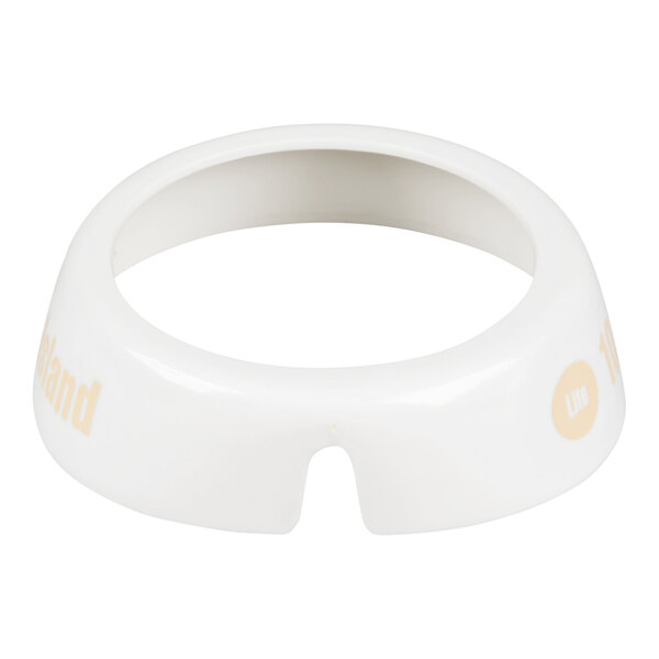 A white plastic salad dressing dispenser collar imprinted with beige lettering for 'Lite 1000 Island'.