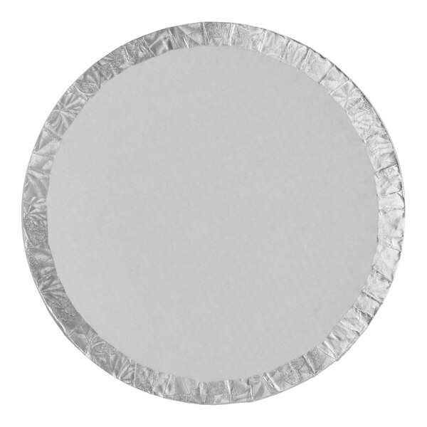 A round, silver cake drum with a fold-under edge, designed for supporting cakes.