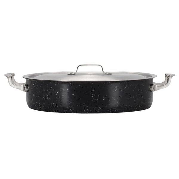 A black and silver Bon Chef Galaxy stainless steel brazier pot with a lid.