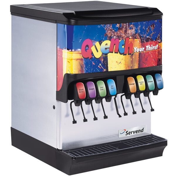 A Servend countertop beverage dispenser with 8 valves over colorful drinks.