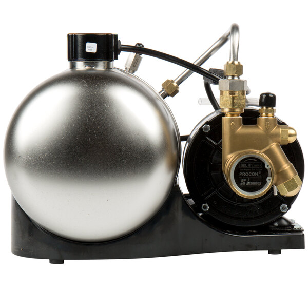 A silver and black McCann's Big Mac Fastflow carbonator machine with a metal tank and a hose.