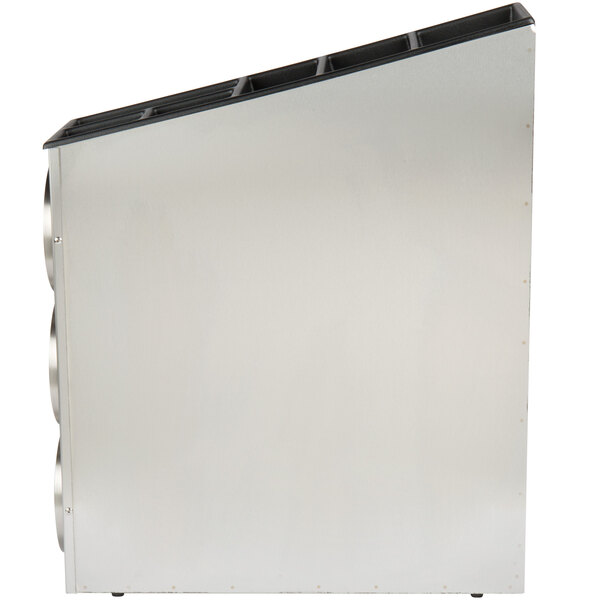 A stainless steel rectangular Servend cup dispenser with black accents.